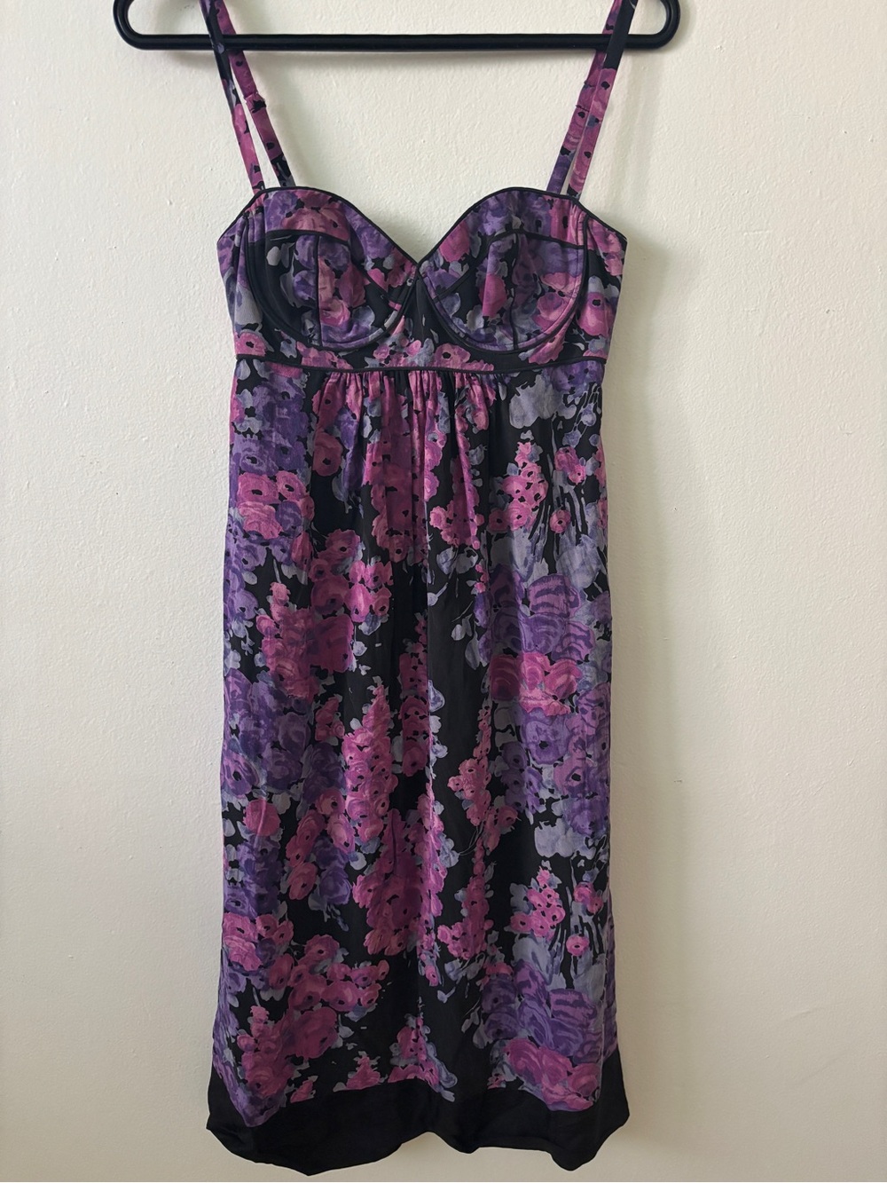 Rebecca Taylor Black Silk Floral Chemise with Purple & Pink Flowers